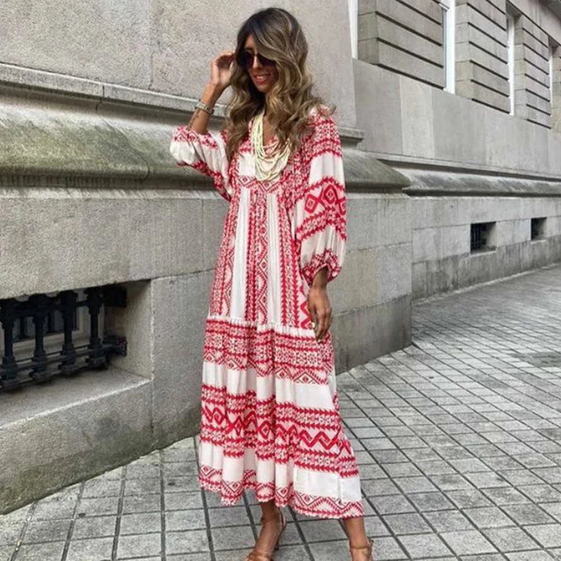 Casual Summer Floral Printing V-Neck Boho Dress