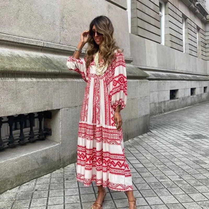 Casual Summer Floral Printing V-Neck Boho Dress
