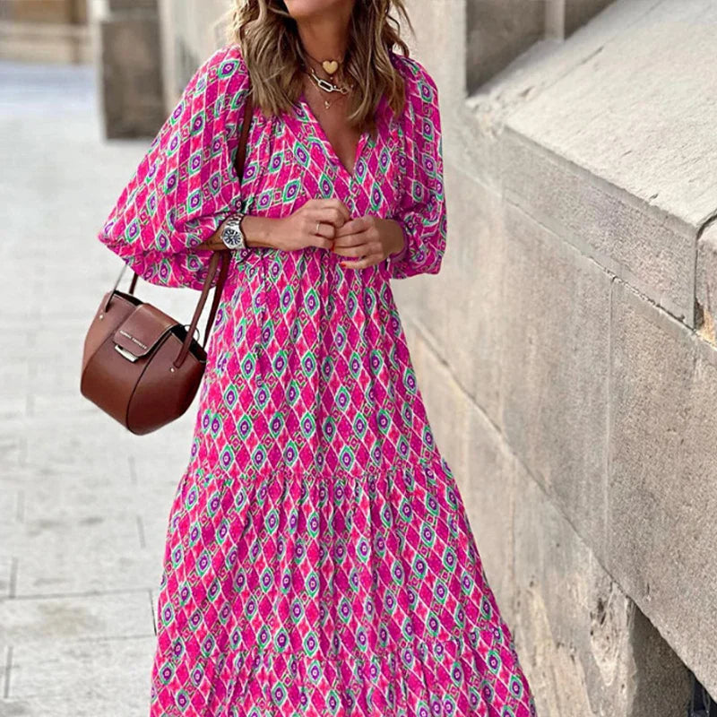 Casual Summer Floral Printing V-Neck Boho Dress