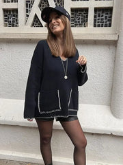 Edge Contrast V-neck Loose Knitted Long Sleeve Patchwork Sweater