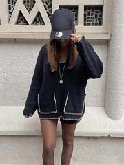 Edge Contrast V-neck Loose Knitted Long Sleeve Patchwork Sweater