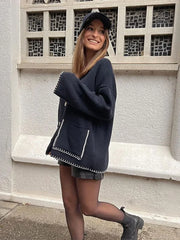 Edge Contrast V-neck Loose Knitted Long Sleeve Patchwork Sweater