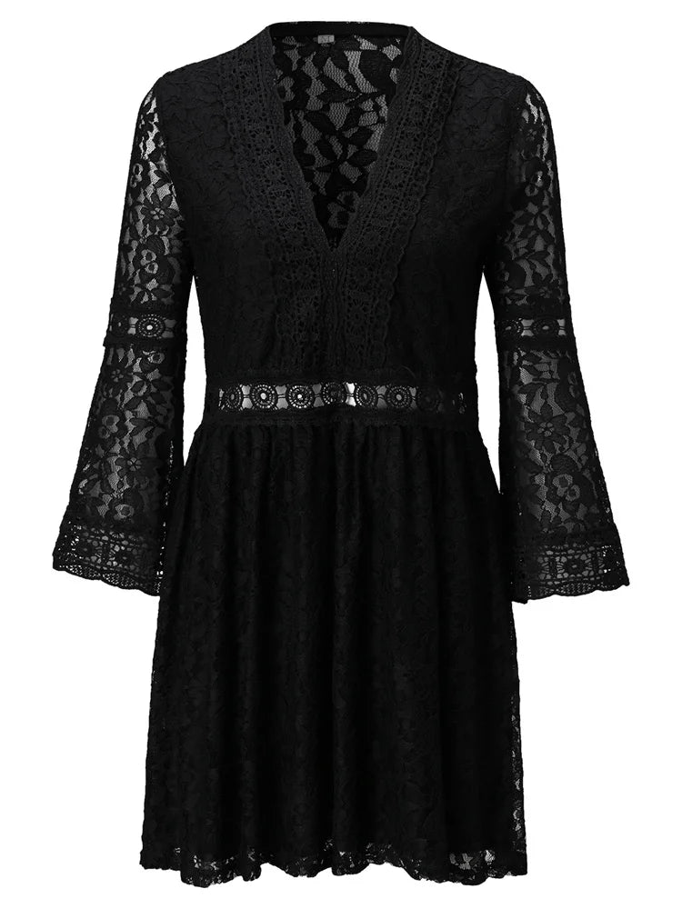 Elegant Floral Lace Long Sleeve Mini Dress