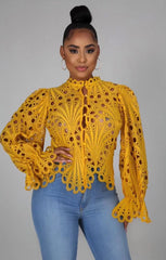 Elegant Lace See Though Ruffles Lantern Blouse
