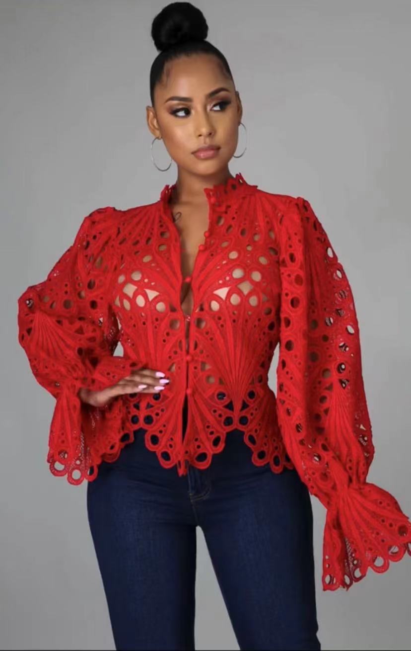 Elegant Lace See Though Ruffles Lantern Blouse