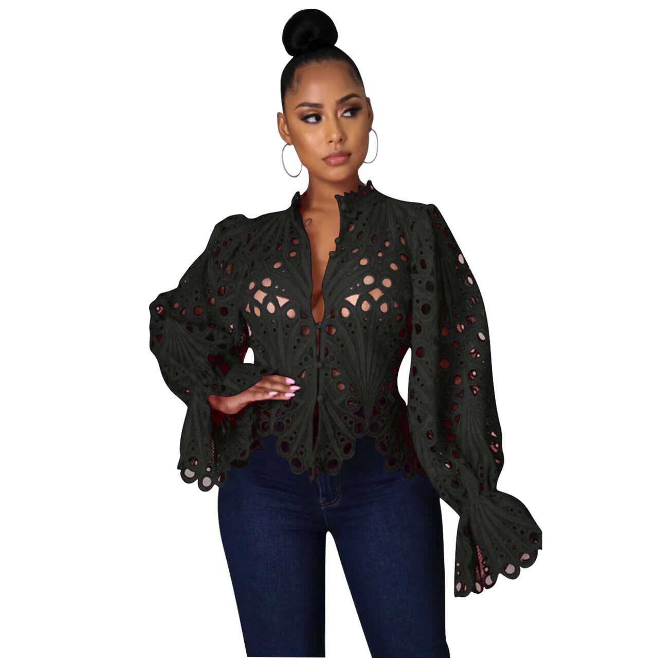 Elegant Lace See Though Ruffles Lantern Blouse