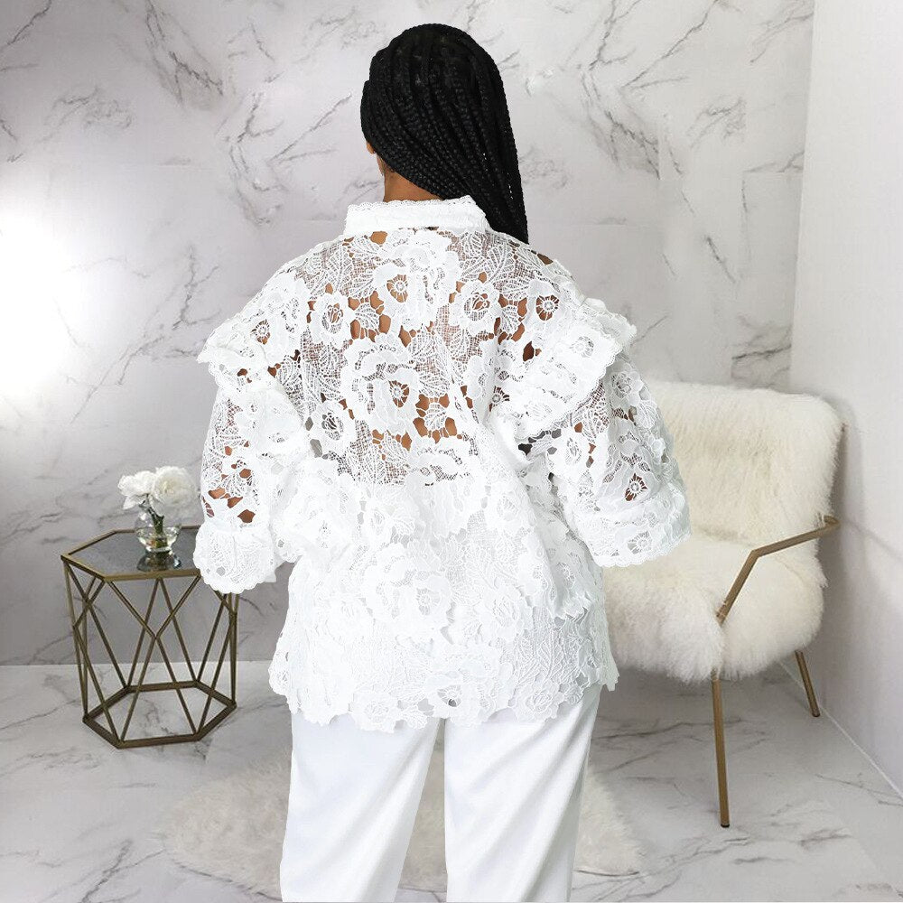 Elegant Lace See Though Ruffles Lantern Blouse