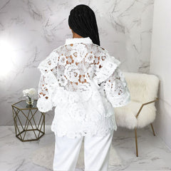 Elegant Lace See Though Ruffles Lantern Blouse