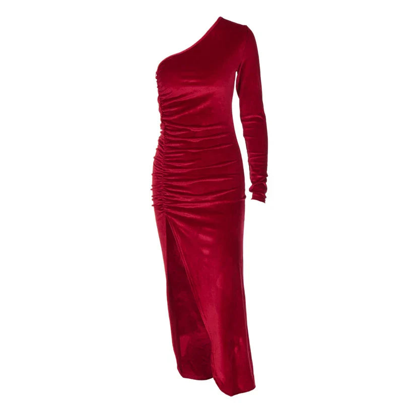 Long Sleeve Party Evening Velvet Bodycon Split Pencil Spring Autumn Clothes Midi Dress