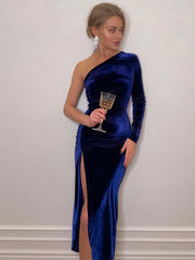 Long Sleeve Party Evening Velvet Bodycon Split Pencil Spring Autumn Clothes Midi Dress