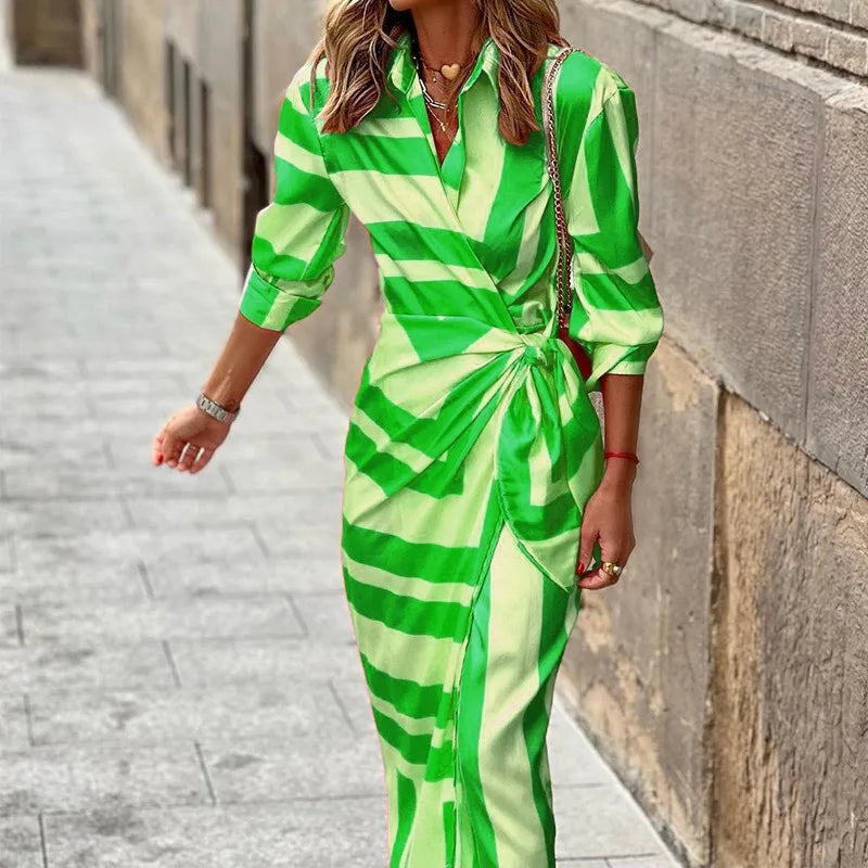 Shirt Fashion Printed Button Ruched Bandage Long WomenSolid V Neck Beach Casual Boho Dress