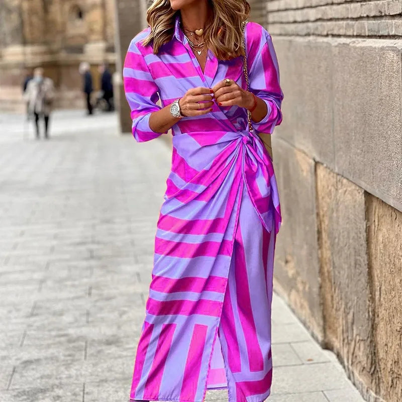 Shirt Fashion Printed Button Ruched Bandage Long WomenSolid V Neck Beach Casual Boho Dress