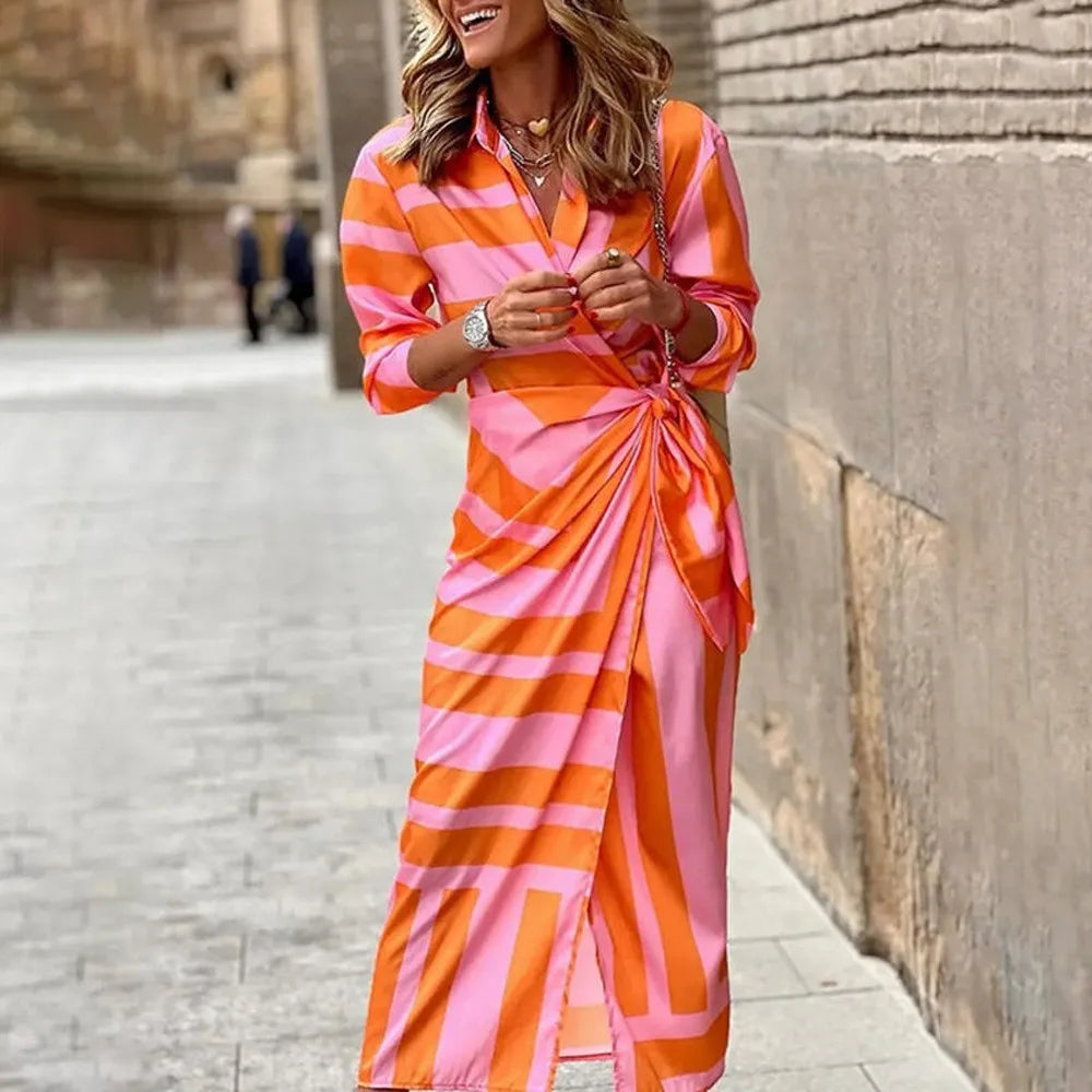 Shirt Fashion Printed Button Ruched Bandage Long WomenSolid V Neck Beach Casual Boho Dress