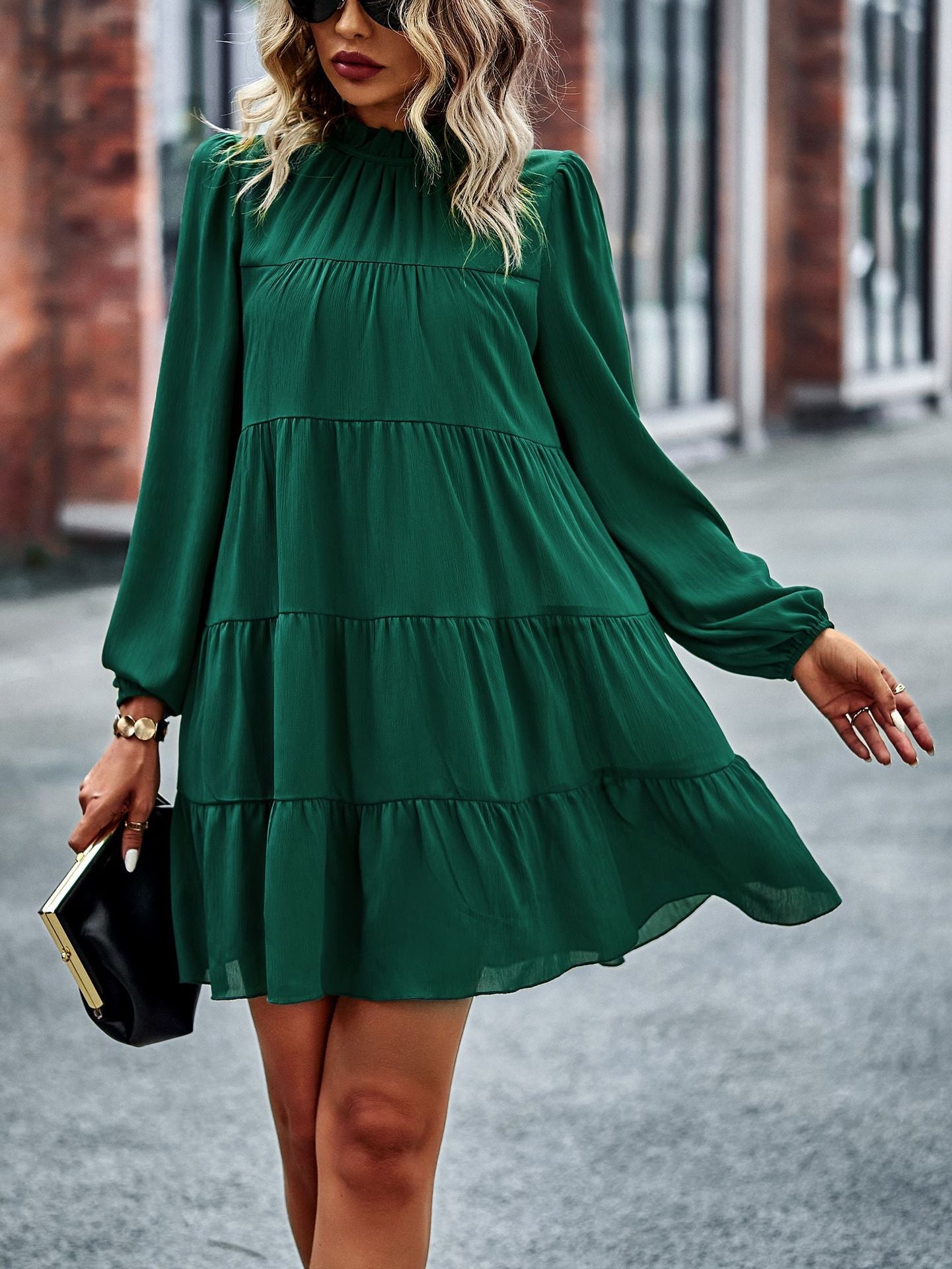 Round Neck Lantern Sleeve Ruffles Lace Up Dress