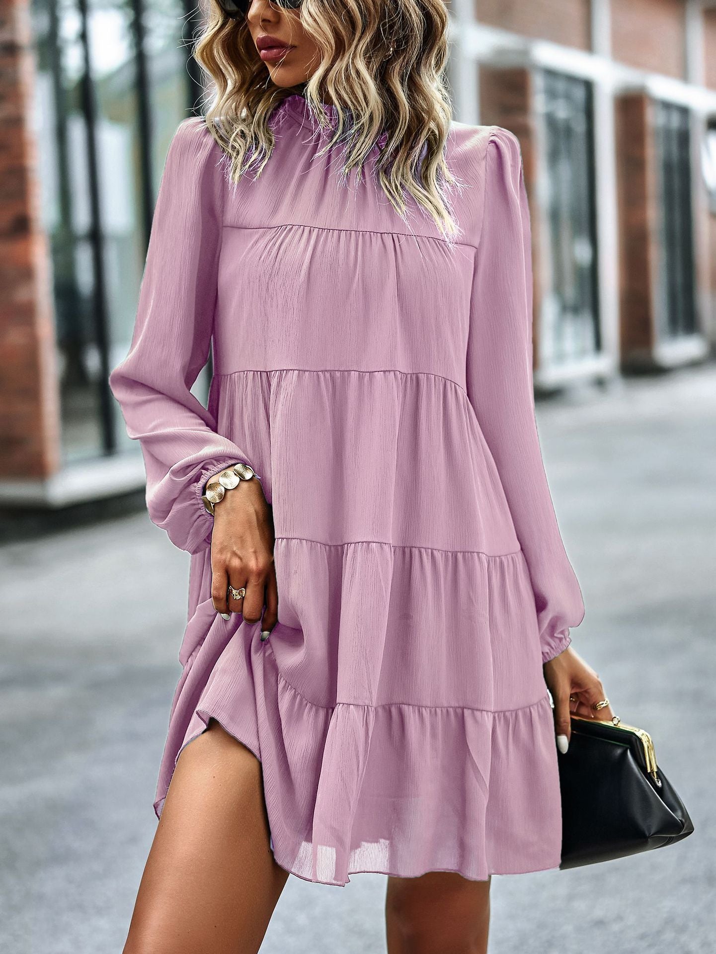 Round Neck Lantern Sleeve Ruffles Lace Up Dress