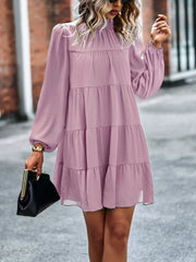 Round Neck Lantern Sleeve Ruffles Lace Up Dress