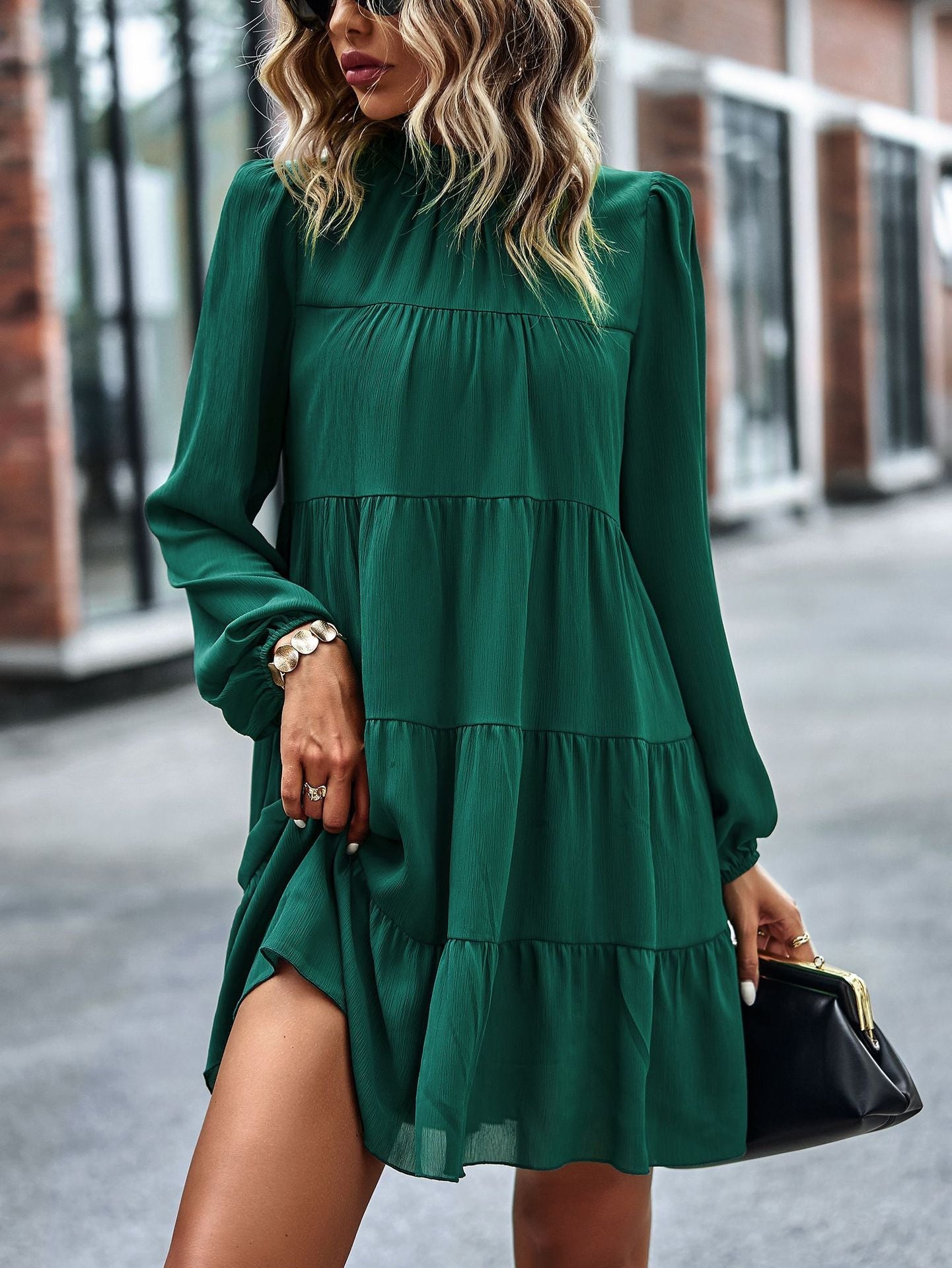 Round Neck Lantern Sleeve Ruffles Lace Up Dress