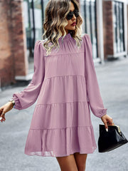 Round Neck Lantern Sleeve Ruffles Lace Up Dress
