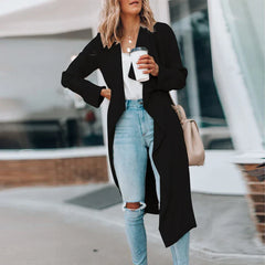 Turn-down Collar Office Cardigan Spring Solid Loose Long Tops Outerwear Coat