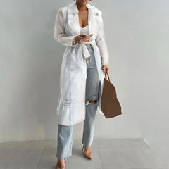 Outdoor Tops Lace Up Spring Sheer Mesh Long Sleeve Buttoned With Belt Elegant Shirts Coat