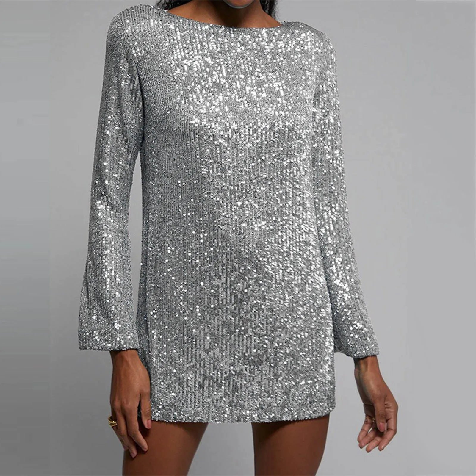 Fashion Sequins Party O Neck Long Sleeve Prom Solid Color Straight Short Spring Autumn Dress