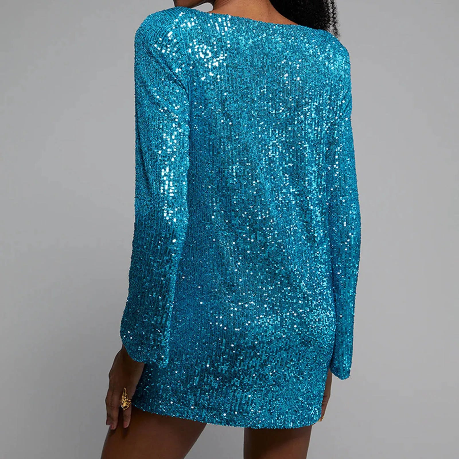 Fashion Sequins Party O Neck Long Sleeve Prom Solid Color Straight Short Spring Autumn Dress