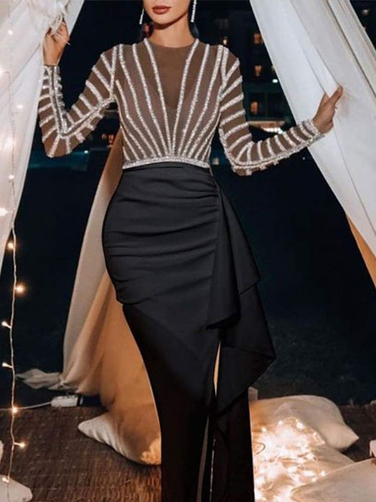 Splic Sequins Lace Embroidery Irregular Maxi Dress