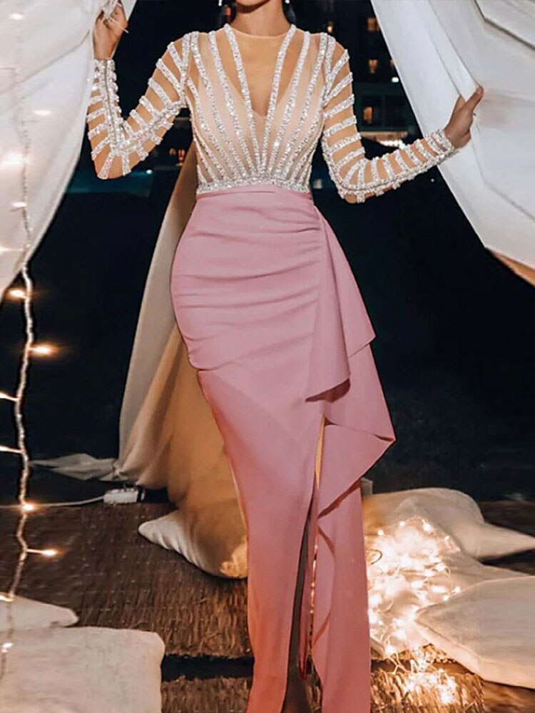 Splic Sequins Lace Embroidery Irregular Maxi Dress
