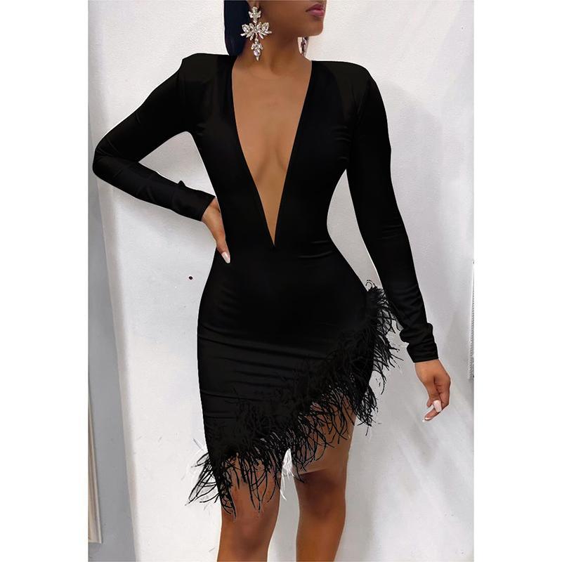 Faxu Feather Long Sleeve Dress