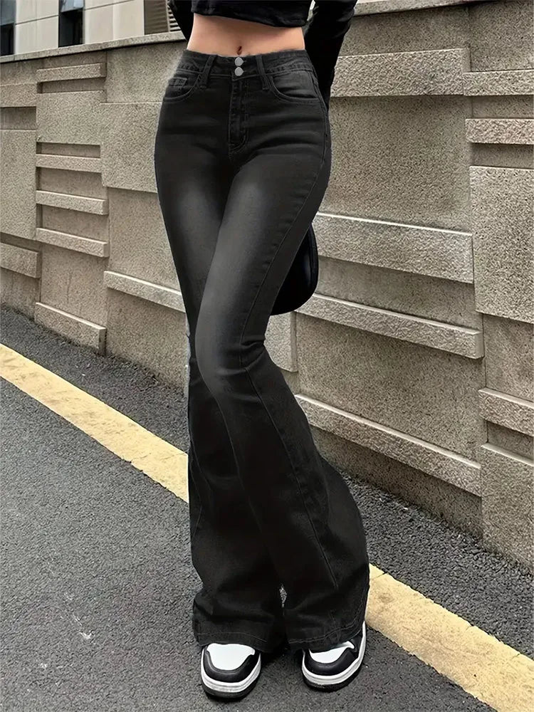 Flare Stretch High Gray Double Button Trouser