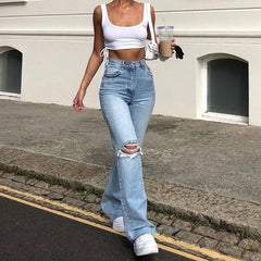 Flare Stretch Ripped Fashion Bell High Gray Hole Trouser