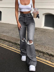 Flare Stretch Ripped Fashion Bell High Gray Hole Trouser