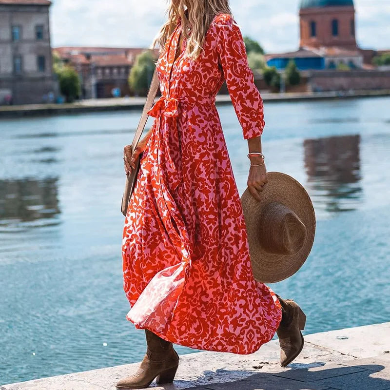 Floral Print Spring Office Lapel Boho Dress