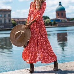 Floral Print Spring Office Lapel Boho Dress