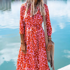 Floral Print Spring Office Lapel Boho Dress