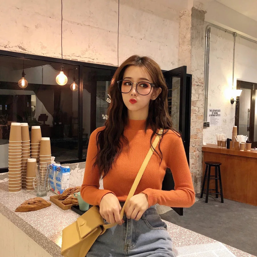 Half Turtleneck Full Sleeve Short Slim-fit Chic Sweater