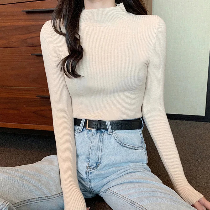 Half Turtleneck Full Sleeve Short Slim-fit Chic Sweater