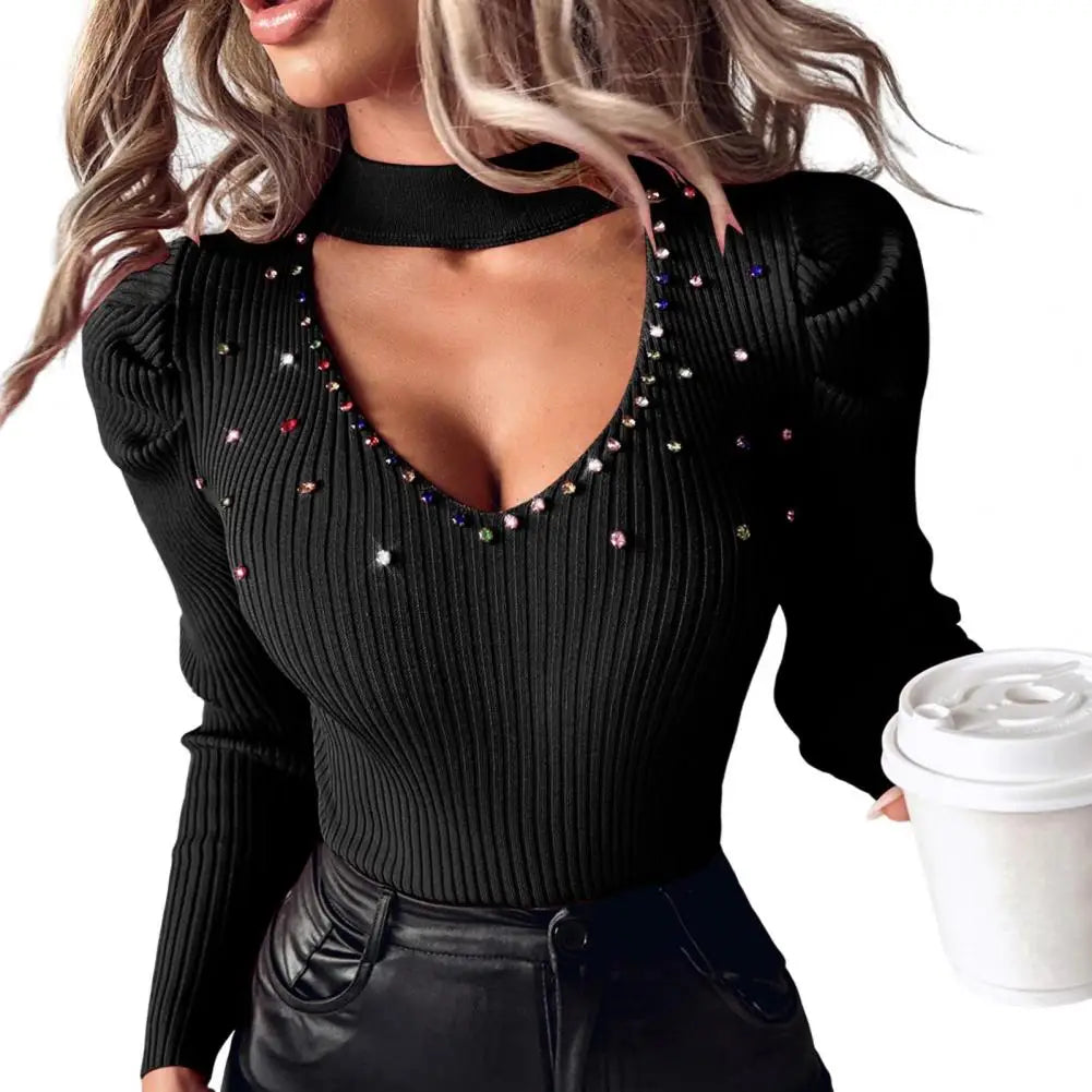 Hollow Out V-Neck Tops Studded Rhinestones Slim Fit Knit Blouse