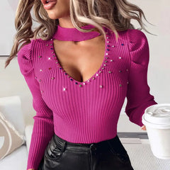 Hollow Out V-Neck Tops Studded Rhinestones Slim Fit Knit Blouse