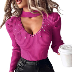 Hollow Out V-Neck Tops Studded Rhinestones Slim Fit Knit Blouse