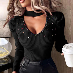 Hollow Out V-Neck Tops Studded Rhinestones Slim Fit Knit Blouse