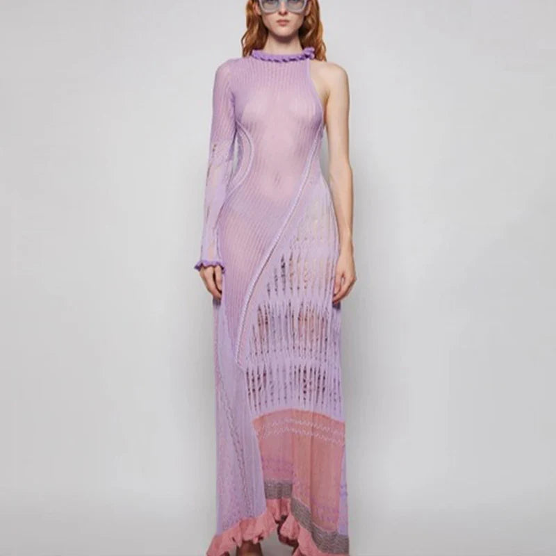 Knitted Hollow Out Tassel Sexy Ruched Halter Boho Dress