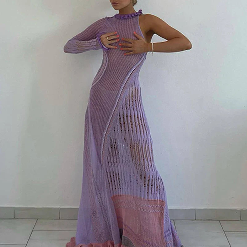 Knitted Hollow Out Tassel Sexy Ruched Halter Boho Dress