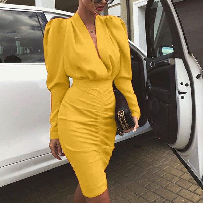 Leg-of-Mutton Sleeve Plunge Party Dress Slim Waist Ruched Bodycon Dress Solid Yellow Red Black Robe Femme