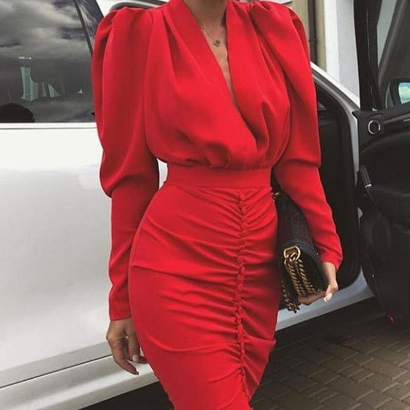 Leg-of-Mutton Sleeve Plunge Party Dress Slim Waist Ruched Bodycon Dress Solid Yellow Red Black Robe Femme