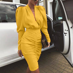 Leg-of-Mutton Sleeve Plunge Party Dress Slim Waist Ruched Bodycon Dress Solid Yellow Red Black Robe Femme