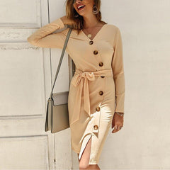 Long Sleeve V Neck Button Midi Dress Autumn Winter Knitted Dress Elegant OL Workwear Streetwear Bodycon Vestidos Mujer