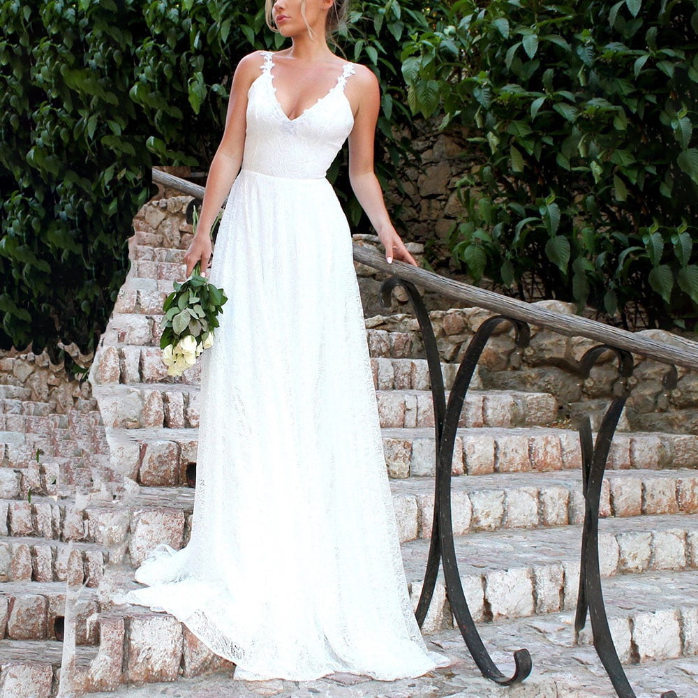 White Lace Hook Flower Hollow Patchwork Boho Long Sleeve Dresses Wedding Party