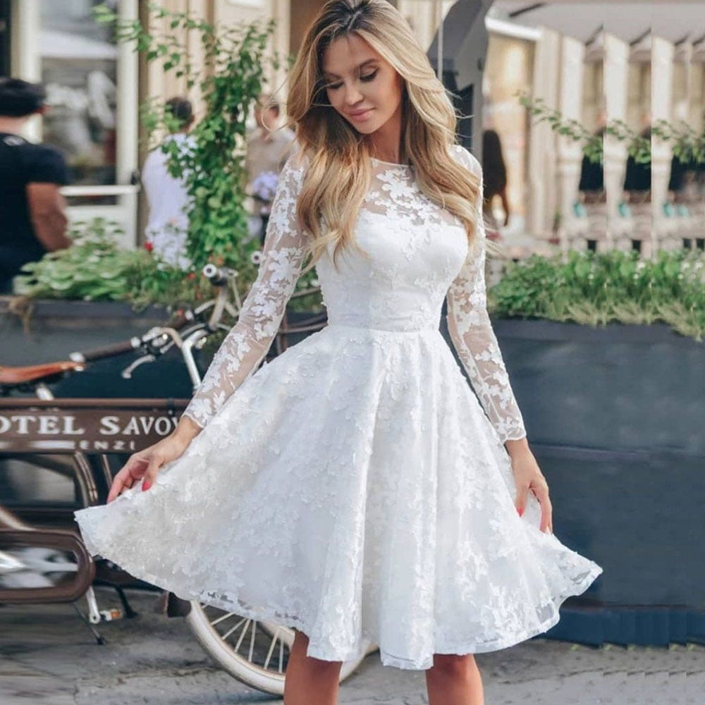 White Lace Hook Flower Hollow Patchwork Boho Long Sleeve Dresses Wedding Party