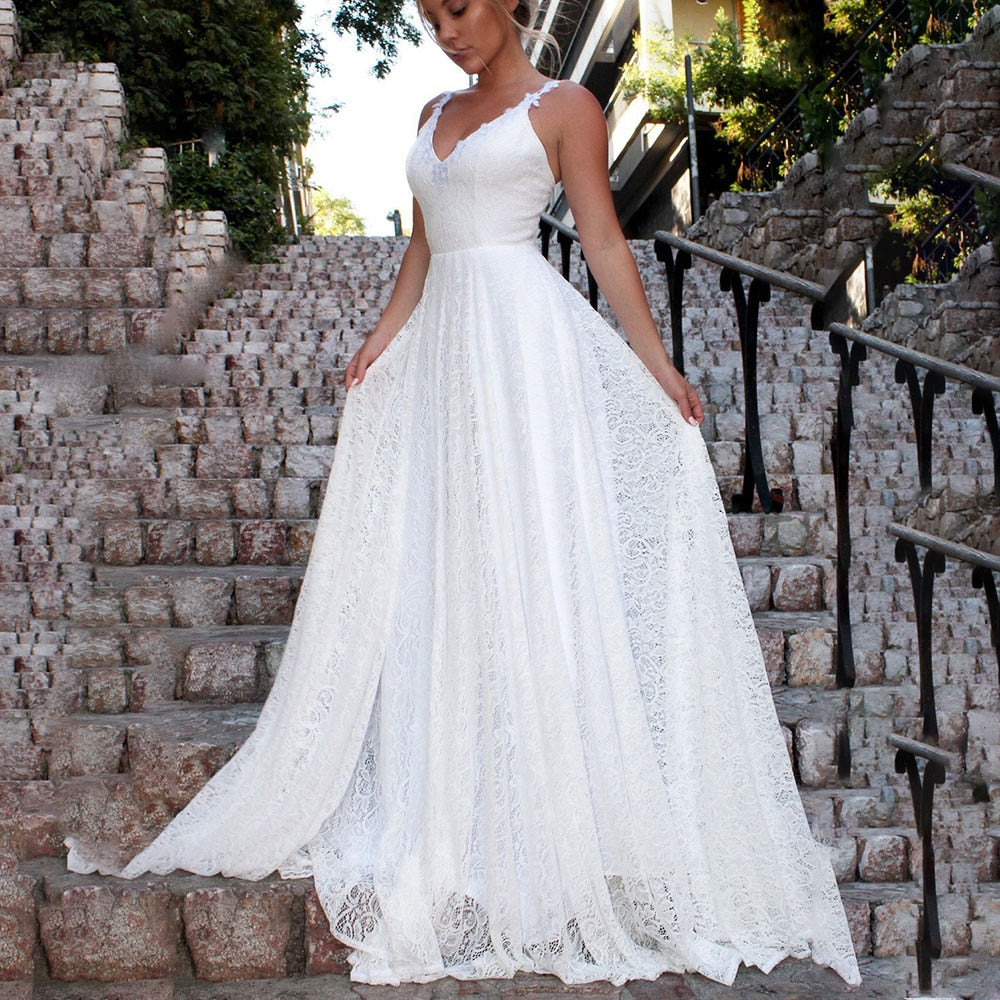 White Lace Hook Flower Hollow Patchwork Boho Long Sleeve Dresses Wedding Party